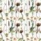 Watercolor floral pattern, wild flowers queen anne`s , herbs