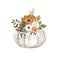 Watercolor floral pumpkin composition. Pastel pumpkin and flowers arrangement in rustic style. Rust and burnt orange flowers