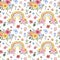 Watercolor floral rainbow seamless pattern. Cute colorful spring flowers, rainbows, butterflies on white background.