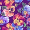 Watercolor floral seamless pattern. Beautiful pansies isolated on violet.