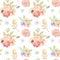 Watercolor floral seamless pattern with gentle field flowers, leaves, eucalyptus. Botanical bouquets with Ranunculus, lilies,