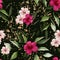 Watercolor floral seamless pattern. Hibiscus flowers, leaves, golden splatter, splashes on dark background. Exotic luxury