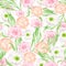 Watercolor floral seamless pattern. Lush greenery and delicate blush, white and peach color flowers isolated on white