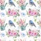 Watercolor floral seamless pattern with pretty flowers, watering can vase, blue bird, butterflies . Cute botanical print