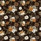 Watercolor floral seamless pattern with rust, burnt orange, grey and white flowers on brown background