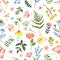 Watercolor floral seamless pattern on white background. Cute hand painted wildflowers, butterfly, herbs. Botanical print