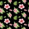 Watercolor floral tropical seamless pattern with green monstera leaves and pink hibiscus flowers on black