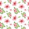 Watercolor floral tropical seamless pattern with green monstera leaves and pink hibiscus flowers on white
