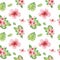 Watercolor floral tropical seamless pattern with green monstera leaves and pink hibiscus flowers on white