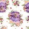 Watercolor floral wicca cat seamless pattern. Totem animals texture with wildflowers, berries, leaves on white. Power animals