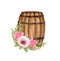 Watercolor Floral Wooden barrel . Wooden barrel and flowers. Farmhouse rustic clipart isolated