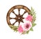 Watercolor floral Wooden wheel. Wooden wheel and flowers. Farmhouse rustic clipart isolated