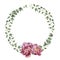 Watercolor floral wreath with eucalyptus, baby eucalyptus leaves and peony flowers.