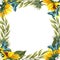 Watercolor floral wreath with sunflowers and butterflies , leaves, foliage, branches, fern leaves