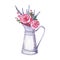 Watercolor flower arrangement in a vintage metal pitcher. Bouquet with roses, lovanda and berries.