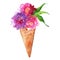 Watercolor flower bouquet peony rose carnation ice-cream waffle sweet dessert isolated