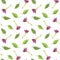 Watercolor flower buds of pink tobacco with leaves seamless pattern. Hand drawn floral illustration on white background