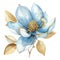 Watercolor flower light blue magnolia with gold leaves
