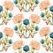 Watercolor flower motif background. Hand painted earthy whimsical seamless pattern. Modern floral linen textile for