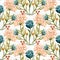 Watercolor flower motif background. Hand painted earthy whimsical seamless pattern. Modern floral linen textile for