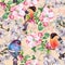 Watercolor flowers apple with bird Bullfinch. Floral seamless pattern on a pink background.