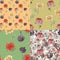 Watercolor flowers, purple, yellow, red roses. Drawn by hand fullfild seamless pattern on green, amber, white. For