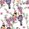Watercolor flowers sakura with bird Bullfinch. Floral seamless pattern on a white background.