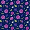 Watercolor flowers seamless pattern. Springtime. Flowers and leaves. Dark background