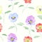 Watercolor flowers viola seamless pattern bright backgound