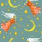 Watercolor flying angels with stars and moon, seamless pattern