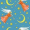 Watercolor flying angels with stars and moon, seamless pattern