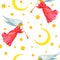 Watercolor flying angels with stars and moon, seamless pattern