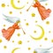 Watercolor flying angels with stars and moon, seamless pattern