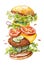 Watercolor flying burger. Beef hamburger with steak, cheese, bacon, salad and vegetables. Hand drawn fast food. Bright watercolor