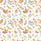 Watercolor Flying Funny Birds, Tree Branches And Leaves Repeat Pattern