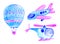 Watercolor flying set: airplane, hot air balloon, helicopter. Hand drawn illustrations isolated on white background.