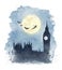 Watercolor flying silhouettes of Peter Pan and children of Tower Big Ben in moon night