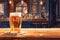 Watercolor of a foamy beer mug in a warm, inviting pub setting. A glass of beer