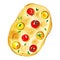 Watercolor focaccia with cherry tomato and basil isolated on white background. Hand drawn illustration fo book, magazine, restaura