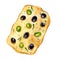 Watercolor focaccia with rosemary and olives isolated on white background. Hand drawn illustration fo book, magazine, restaurant