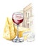 watercolor food composition with wineglass with red wine, and italian and french cheeses, brie, camembert and parmesan