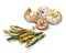 Watercolor food. Peeled prawns and fried sprat