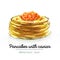 Watercolor food. Russian breakfast. Pancakes with red caviar