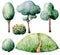 Watercolor forest constructor set. Hand painted green trees and bushes isolated on white background. Nature illustration