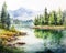 watercolor of a forest lake with fir trees reflecting in the water.