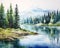 watercolor of a forest lake with fir trees reflecting in the water.