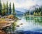 watercolor of a forest lake with fir trees reflecting in the water.