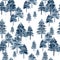 Watercolor forest landcape seamless pattern with minimalism fir tree. Deep blue color background for textile fabric,