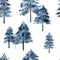 Watercolor forest landscape seamless pattern with fir tree. Deep blue color background for textile fabric, wrapping paper