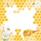 Watercolor frame. Honeycombs, honey bee, chamomiles, spoon of honey. White background. Hand painting. For printing on